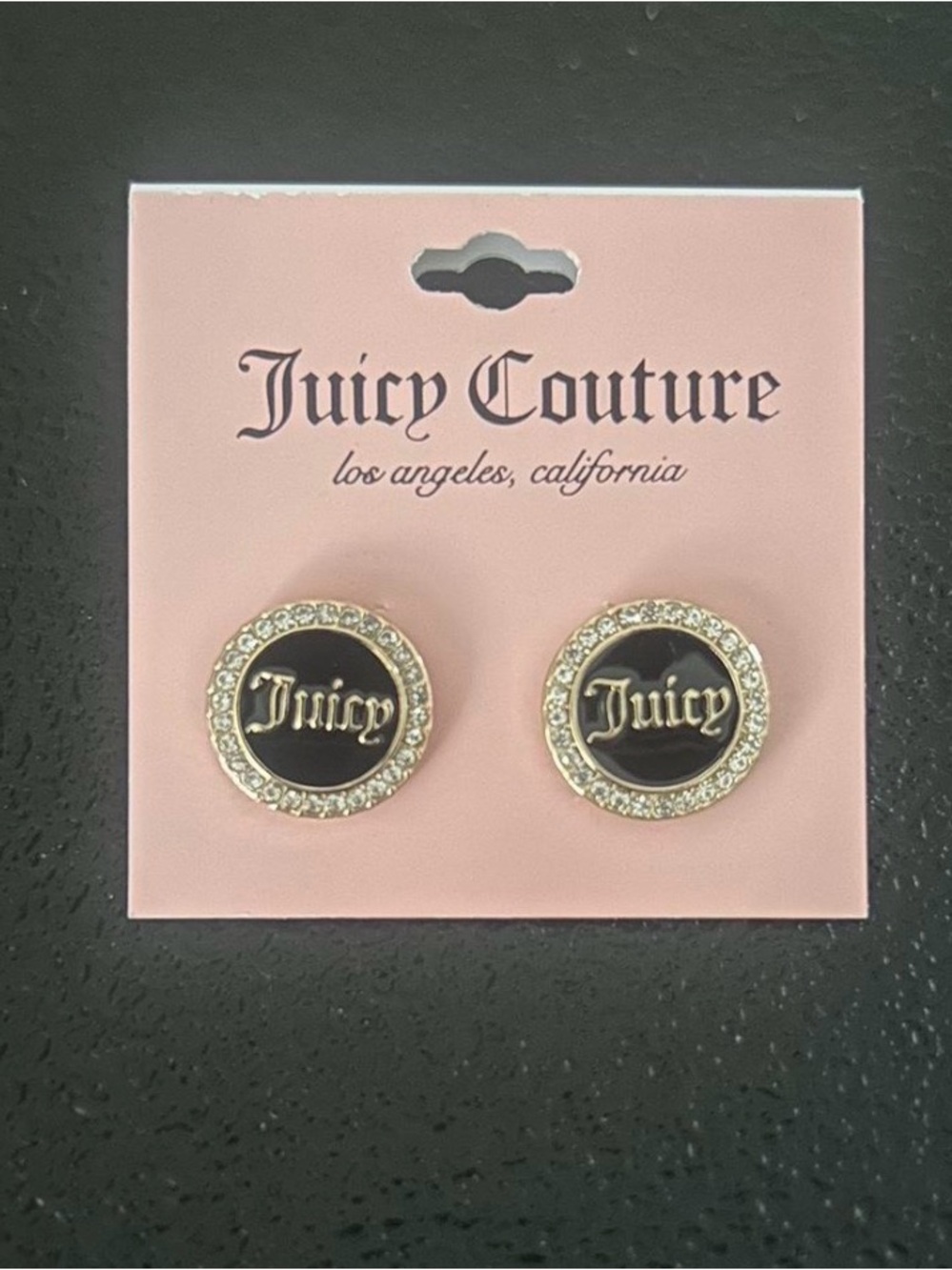 Juicy Couture Black and Gold Juicy Logo Crystal-Frame Stud Earrings